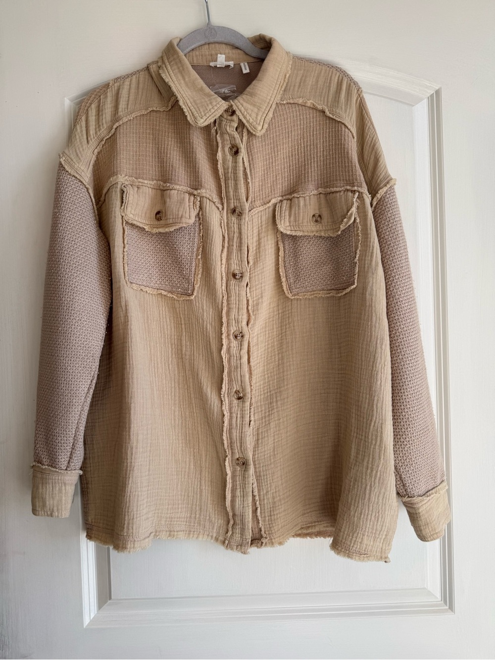 Beige Textured Button-Front Women’s Shirt Jacket